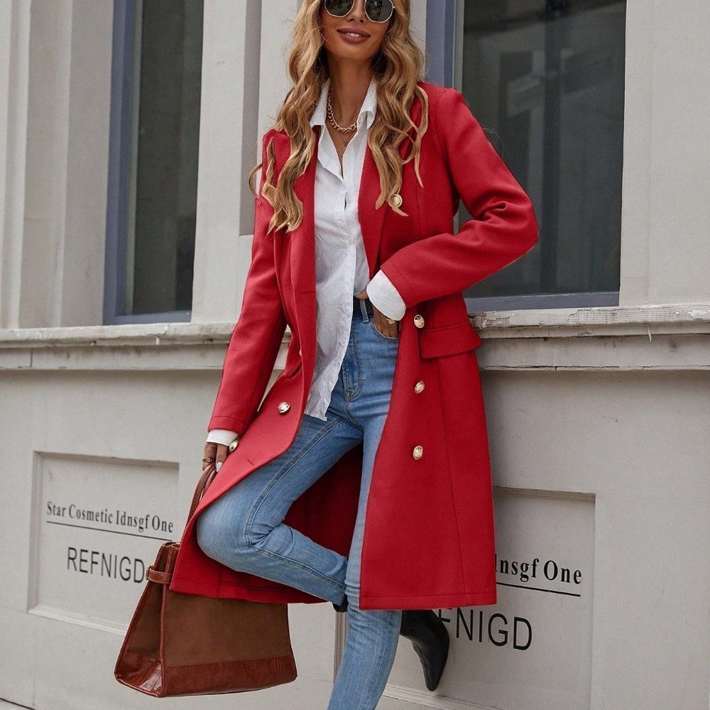 Red Casual Womens Lapel Neck Double Breasted Overcoat - Picture 4 of 5